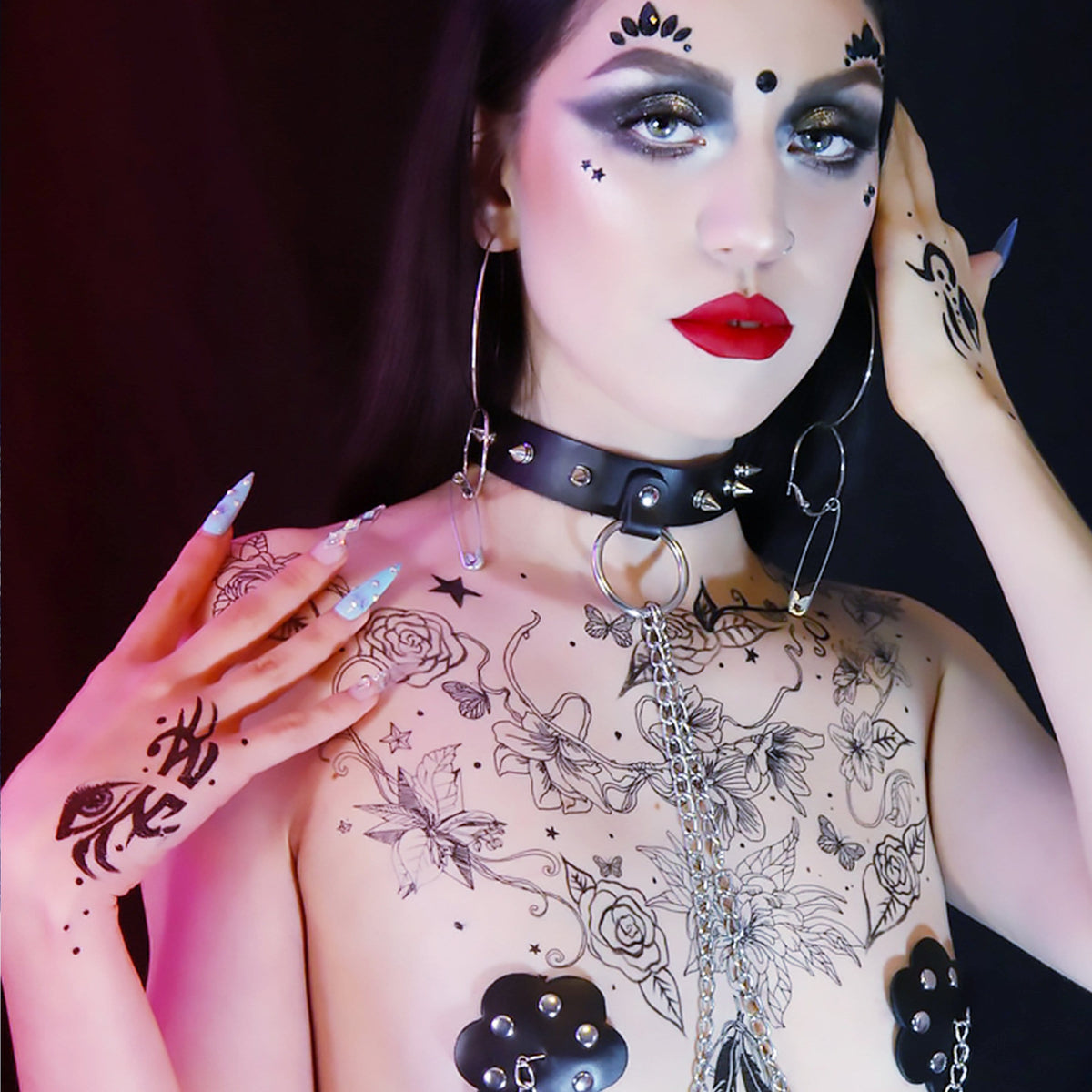 Black goth bundle with temporary tattoos, face crystals and a choker for a rebel night