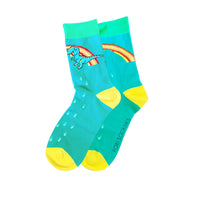 Rainbow dino pattern cotton socks shown as a fun prehistoric pair