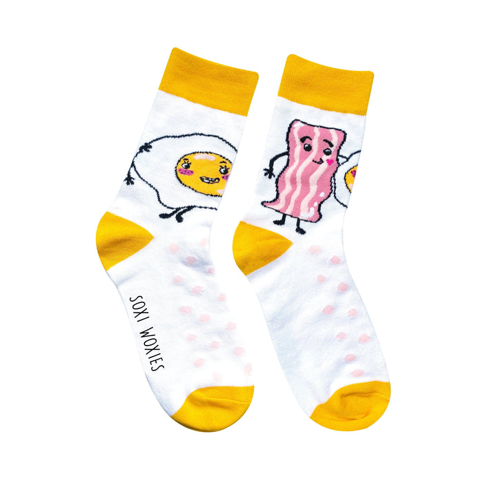 Yellow eggs and bacon print cotton novelty socks shown on their own