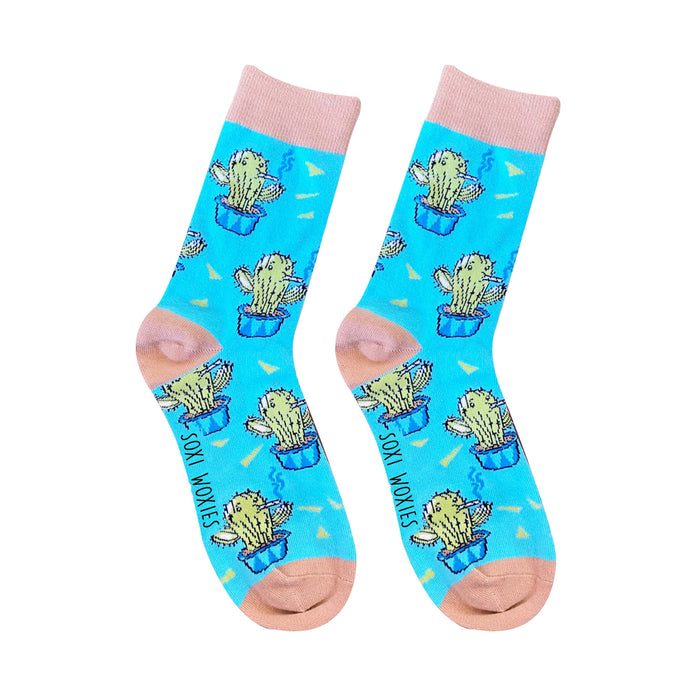 Blue and green cactus print cotton novelty socks shown on their own