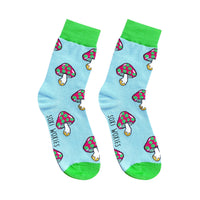 Blue and green neon mushroom print cotton novelty socks shown on their own