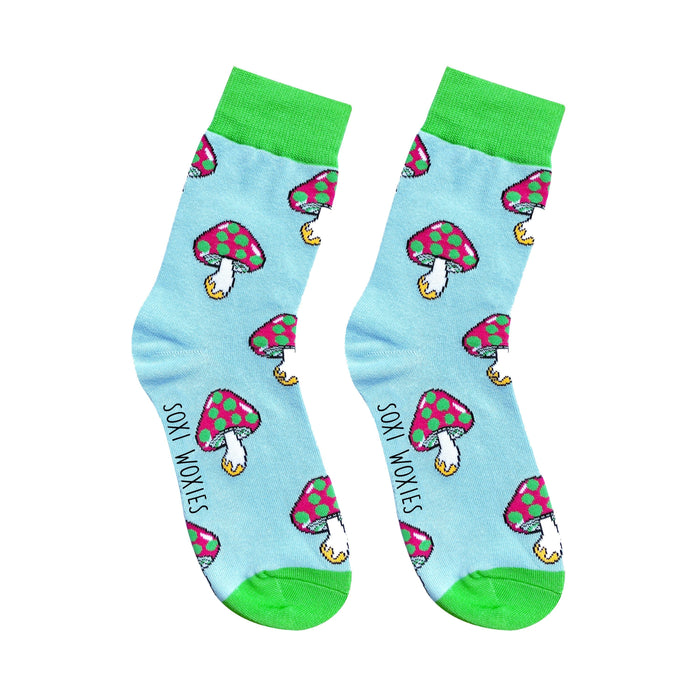 Blue and green neon mushroom print cotton novelty socks shown on their own