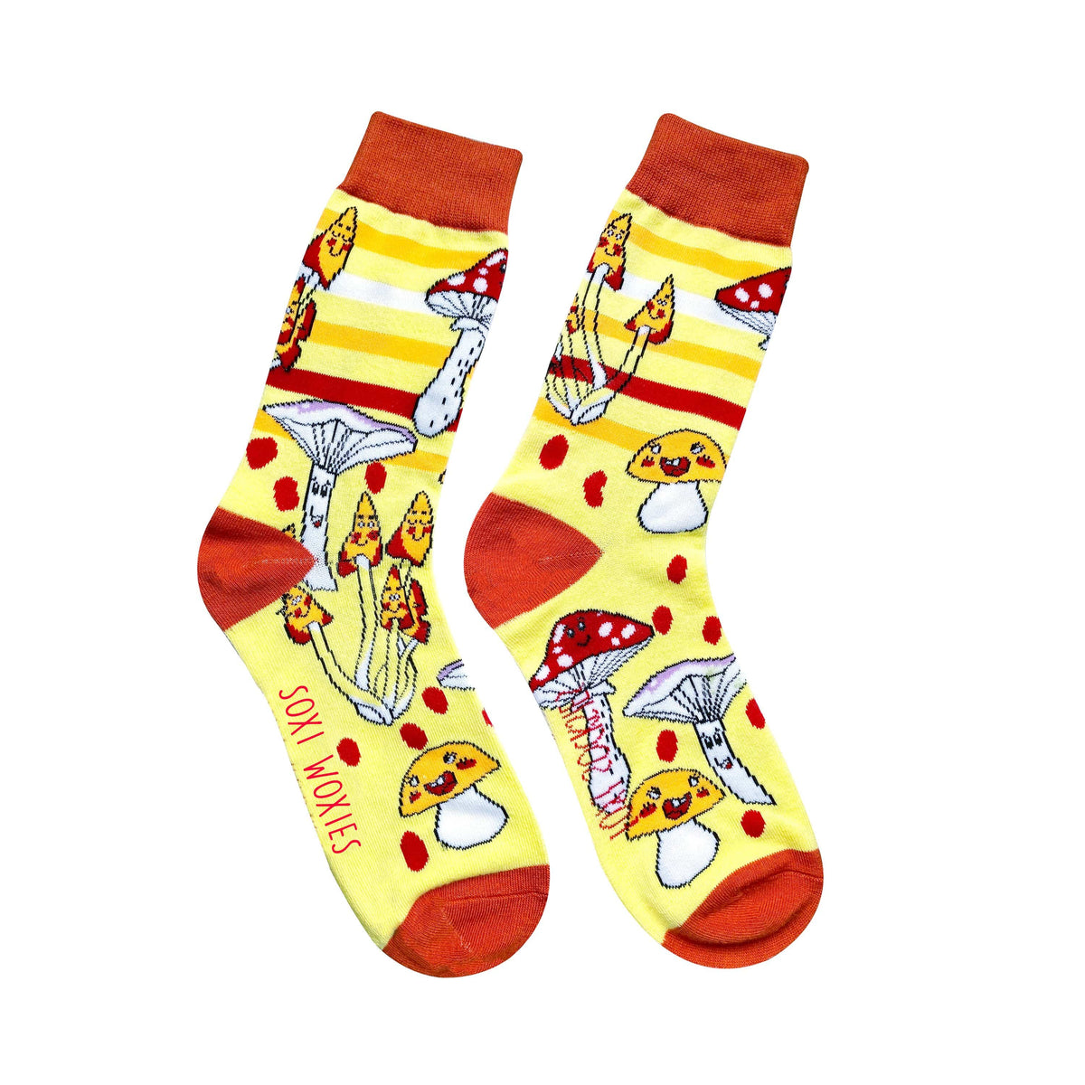 Yellow mushroom print cotton novelty socks shown on their own