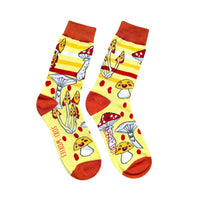 Yellow mushroom print cotton novelty socks shown on their own