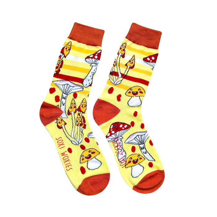 Yellow mushroom print cotton novelty socks shown on their own