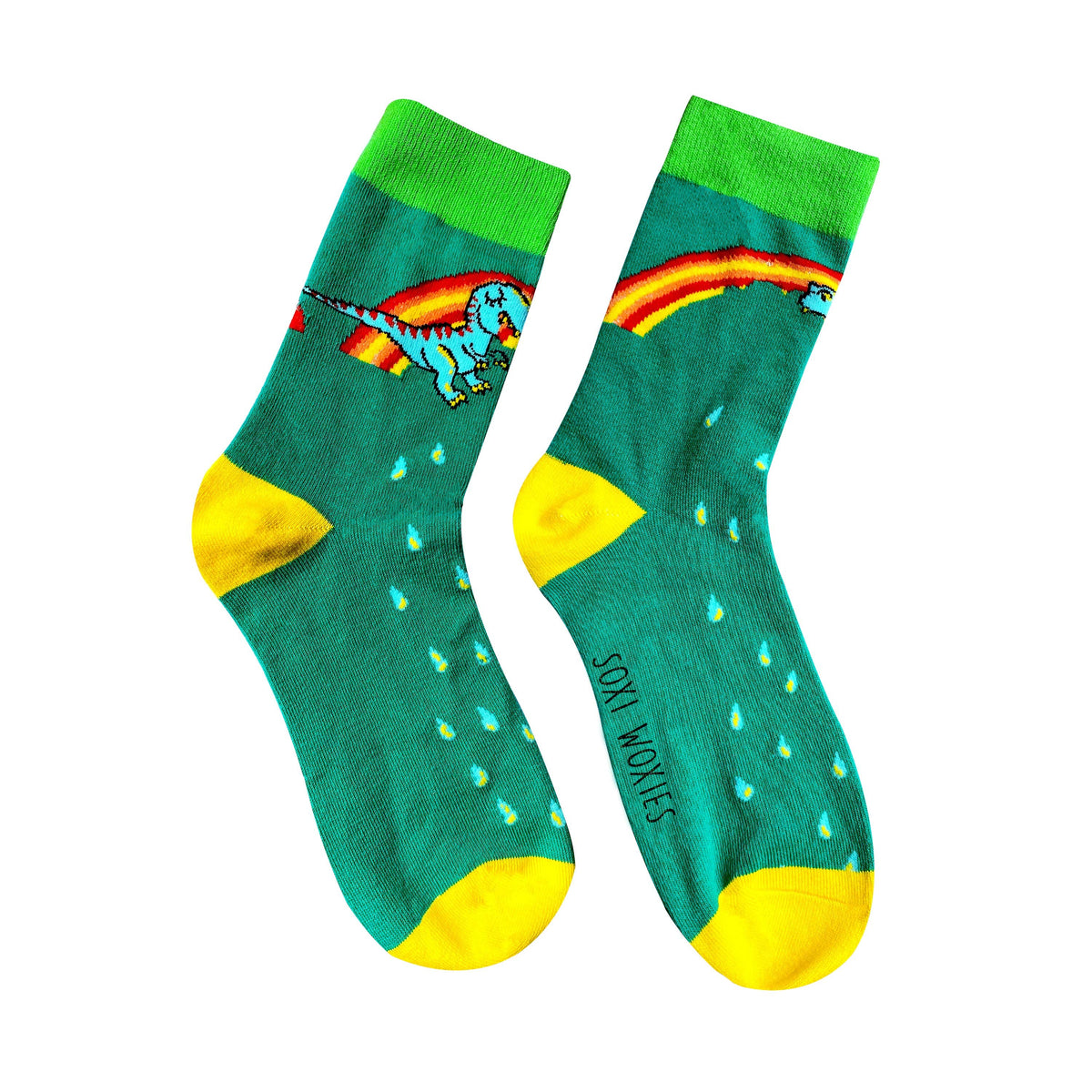Rainbow dinosaur print cotton novelty socks shown on their own