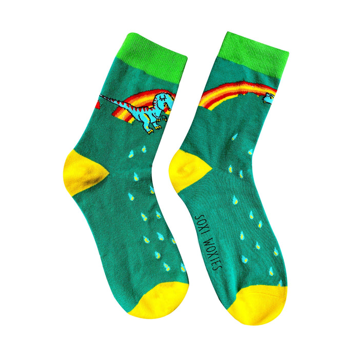 Rainbow dinosaur print cotton novelty socks shown on their own