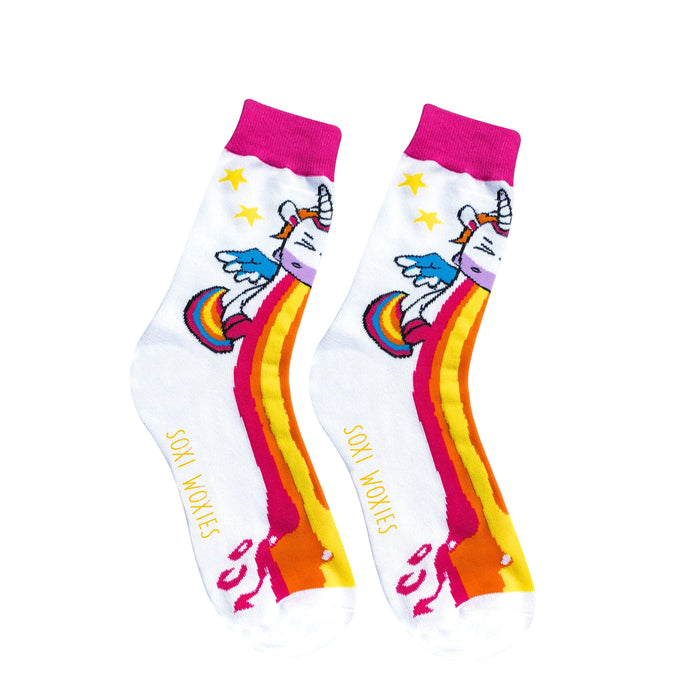 Rainbow unicorn print cotton novelty socks shown on their own