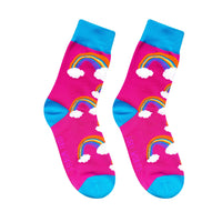 Pink and blue rainbow print cotton novelty socks shown on their own