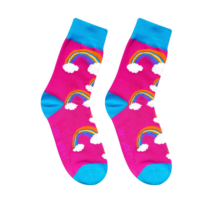 Pink and blue rainbow print cotton novelty socks shown on their own