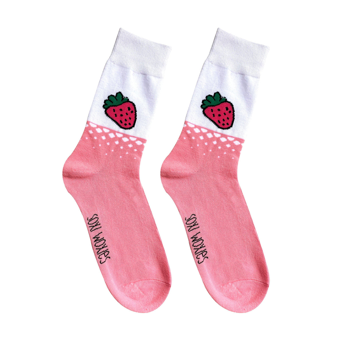 Pink strawberry cake print cotton novelty socks shown on their own