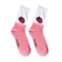 Pink strawberry cake print cotton novelty socks shown on their own