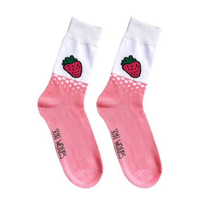 Pink strawberry cake print cotton novelty socks shown on their own