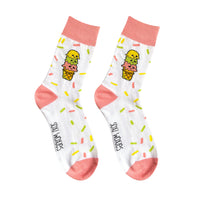 Pink and white sprinkles print cotton novelty socks shown on their own