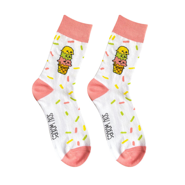 Pink and white sprinkles print cotton novelty socks shown on their own