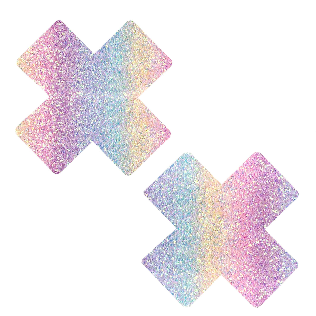 Pastel multicolor glitter X nipple pasties shown on a clean background