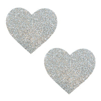 Silver Glitter Heart Nipple Pasties shown on their own with a sparkling glitter finish