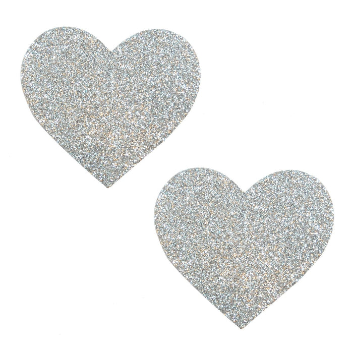 Silver Glitter Heart Nipple Pasties shown on their own with a sparkling glitter finish