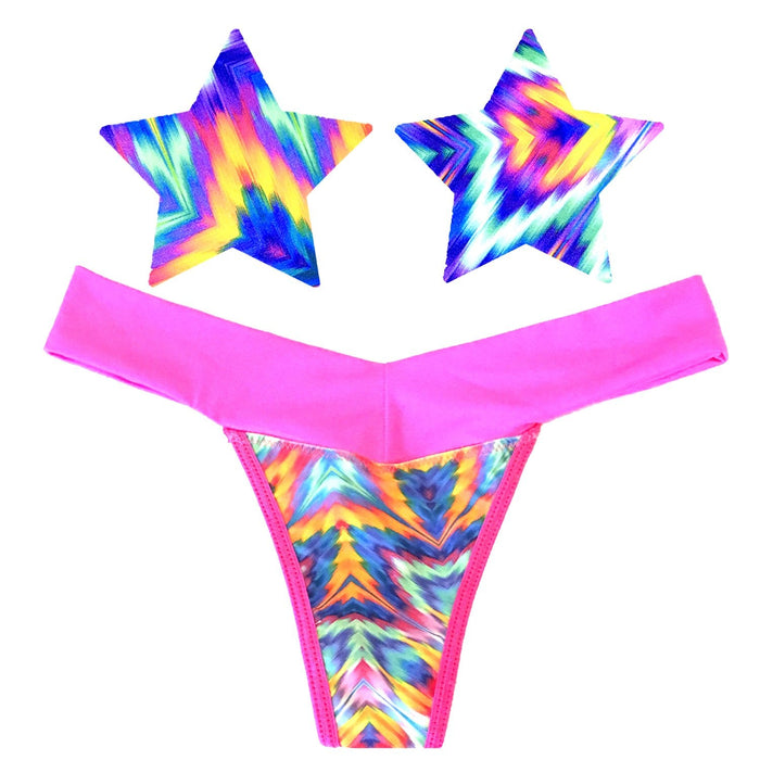 Aztec Rave Pink Neon AF Naughty Knix Pasties & Panties Set, Naughty Knix - NevaNude