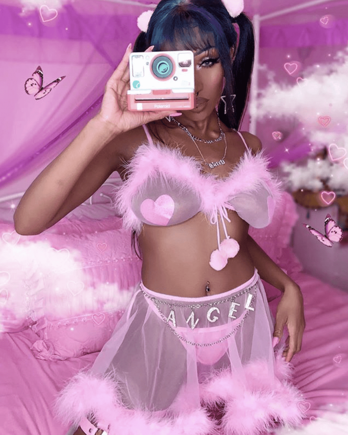 Pink Glitter Heart Nipple Pasties styled on a model for a night out look