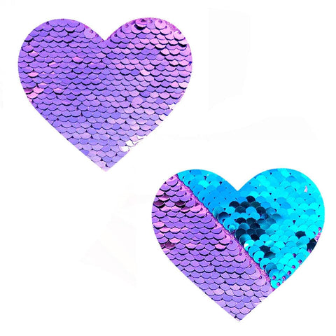 Jasmine Lilac & Turquoise Sequin I Heart U Pasties, Heart Nipple Pasties - NevaNude