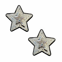 Pair of silver sequin star shaped nipple pasties with a bright metallic sparkle, shown alone