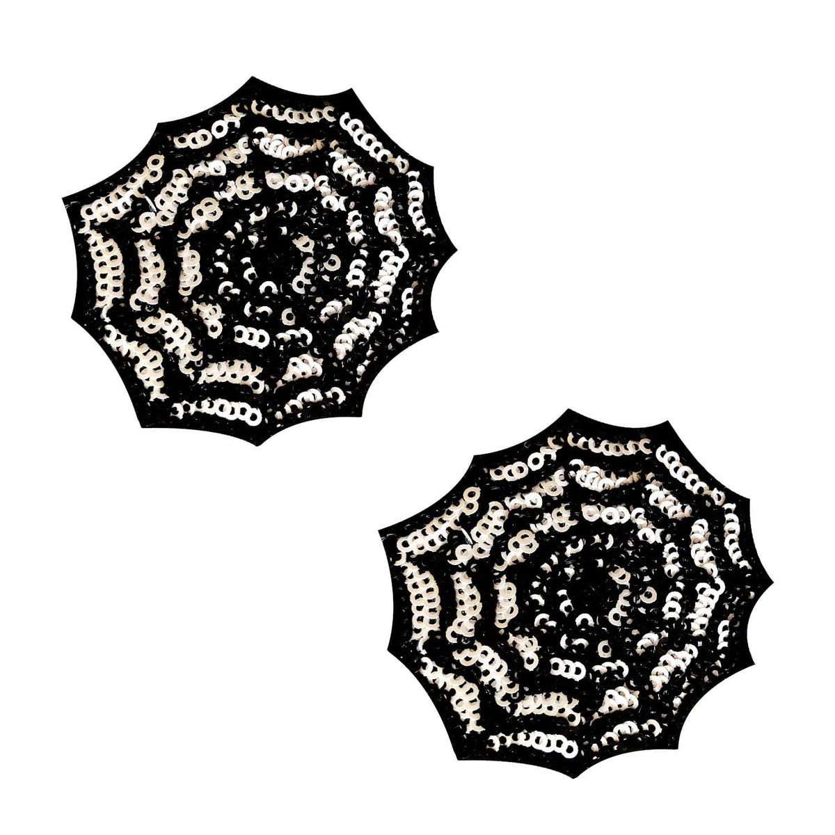 Black sequin spiderweb nipple pasties with a glowing blacklight web design