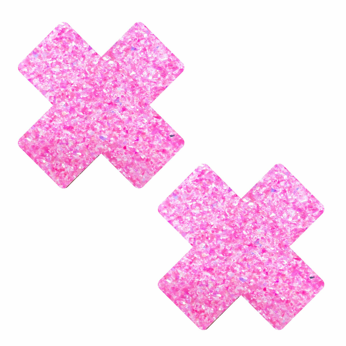 Bubblegum pink blacklight glitter X nipple pasties shown on a clean background