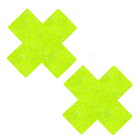 Lemon lime blacklight chunky glitter X nipple pasties shown on a clean background