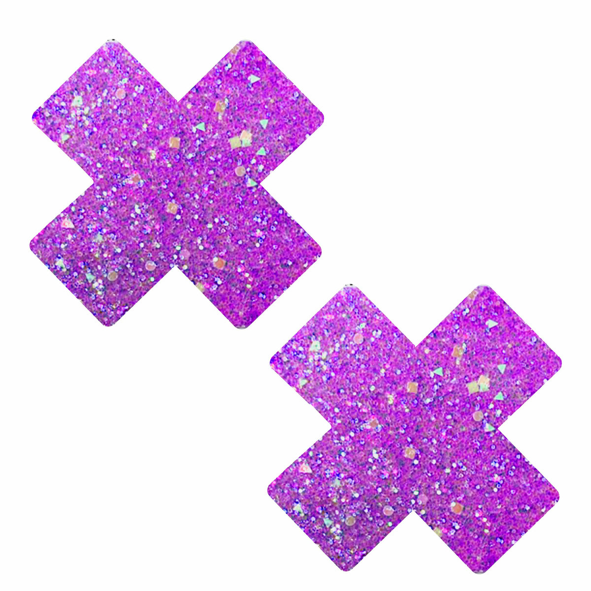 Standalone product shot of the purple confetti glitter X nipple pasties