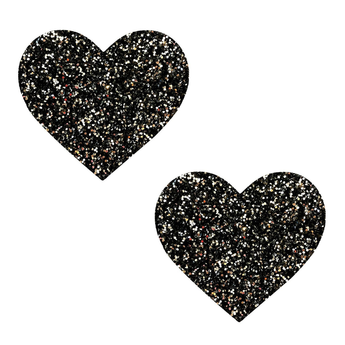 Pair of black and silver glitter heart shaped nipple pasties for a goth glam look