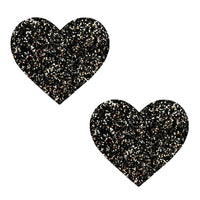 Pair of black and silver glitter heart shaped nipple pasties for a goth glam look