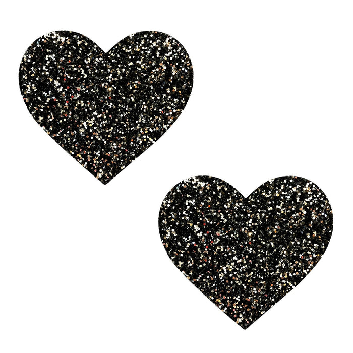 Pair of black and silver glitter heart shaped nipple pasties for a goth glam look