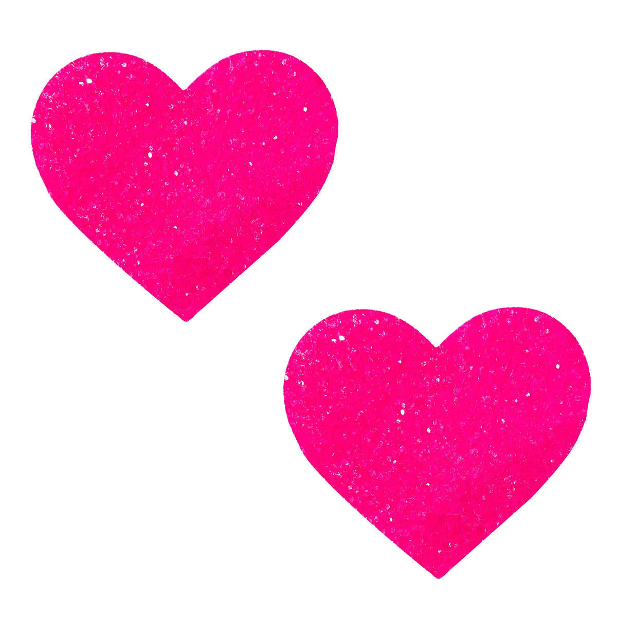 Hot pink blacklight glitter heart nipple pasties shown on a clean background