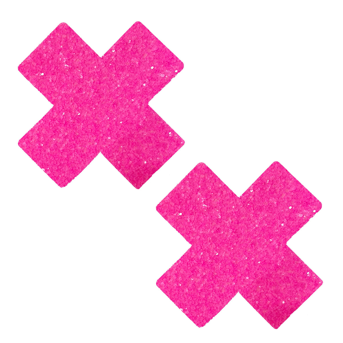Hot pink blacklight chunky glitter X nipple pasties shown on a clean background