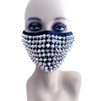 Alternate angle of the silver chrome spiked face mask with adjustable loops
