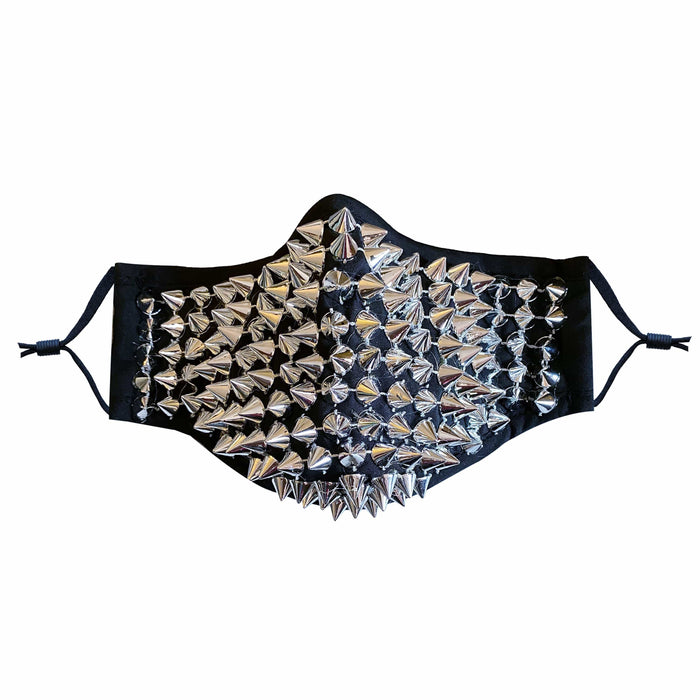 Silver chrome studded face mask with filter pocket for a rave night