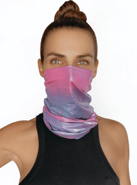 Pink and blue holographic sexy neck gaiter with a cracked iridescent finish