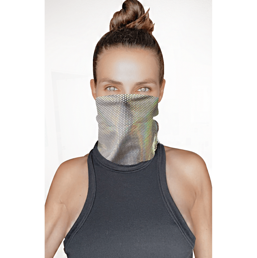 Silver holographic cracked glass sexy neck gaiter with iridescent shine