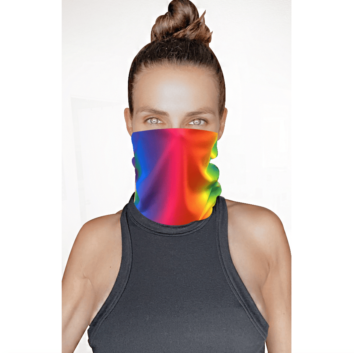 Rainbow neon UV sexy neck gaiter with bright multicolor stripes