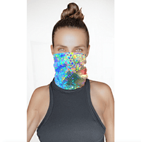Rainbow holographic scale print neck gaiter in pink, blue and yellow tones