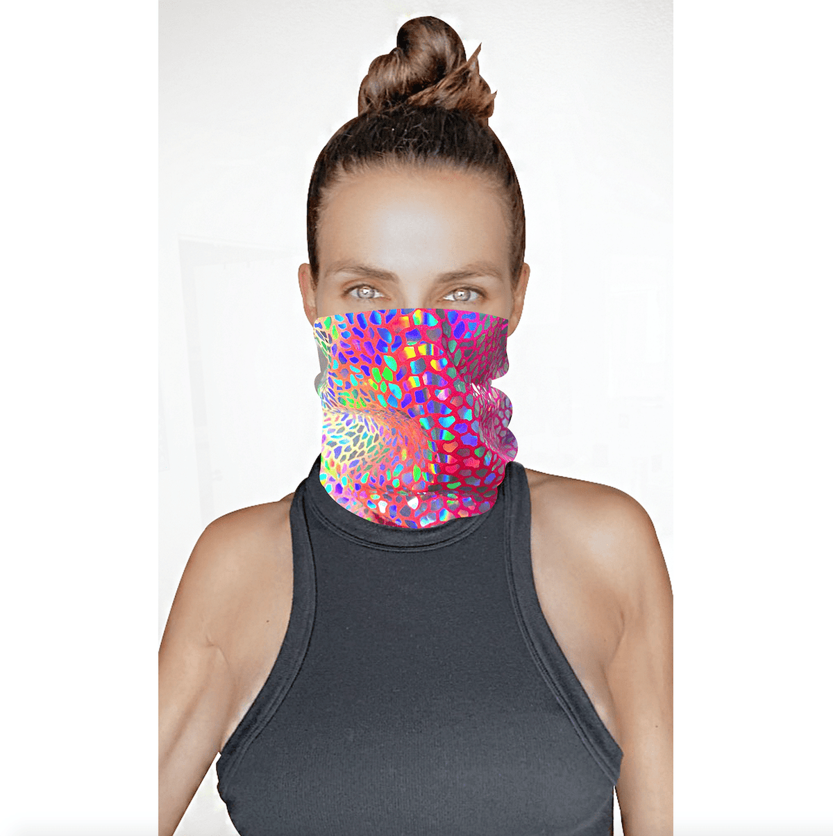 Rainbow holographic dino scale sexy neck gaiter with iridescent shine