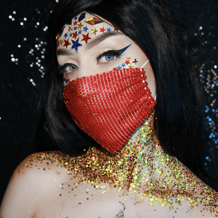 Red superhero face mask, pasties and glitter bundle for Halloween