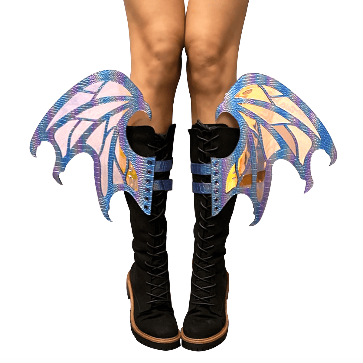 Purple iridescent dragon scale boot wings for a fantasy festival