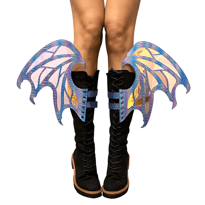 Purple iridescent dragon scale boot wings for a fantasy festival
