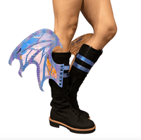 Purple dragon scale boot wings showing their iridescent sheen
