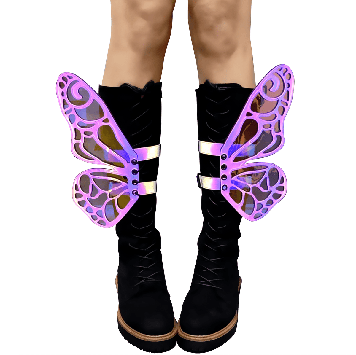 Rainbow reflective butterfly boot wings for a festival fairy look