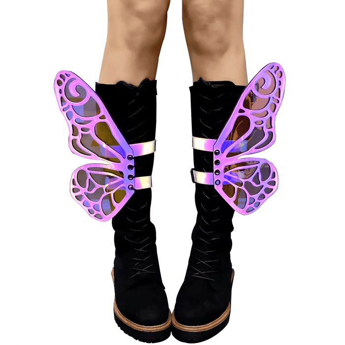 Rainbow reflective butterfly boot wings for a festival fairy look