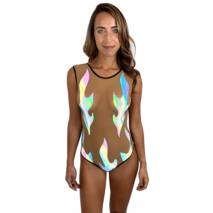 Rainbow reflective flame nude mesh bodysuit glowing for a rave