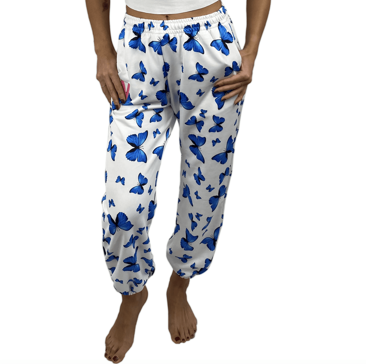 Blue and white butterfly print jogger sweatpants for chilly rave nights